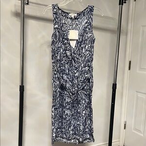 beachlunchlounge Navy and White Leaf Print Midi Dress